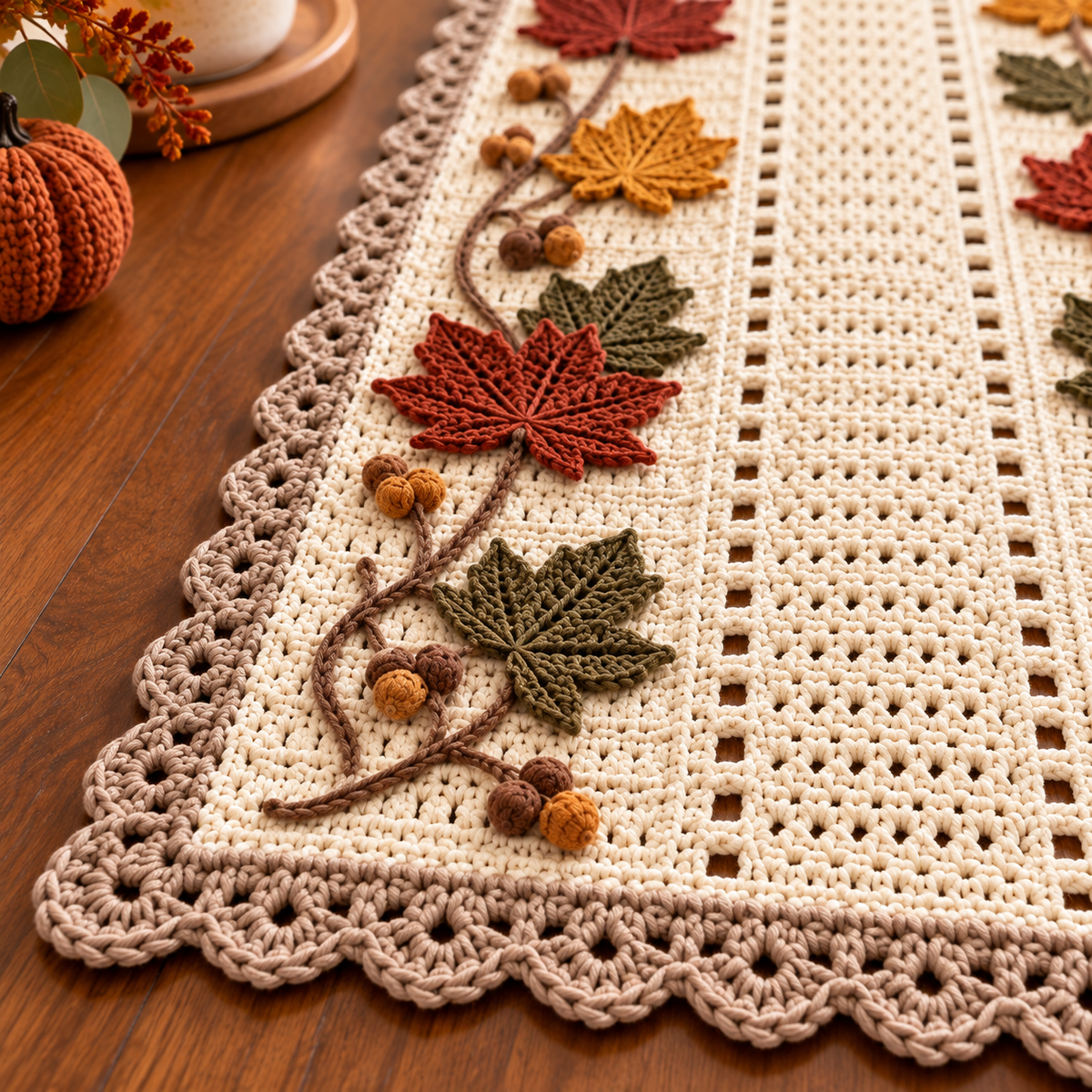 Autumn Maple Leaf Table Runner Crochet Pattern PDF | Fall Acorn Decor