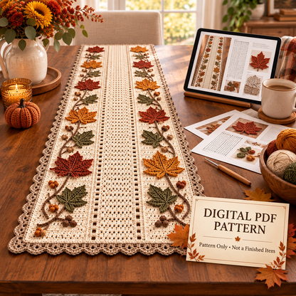 Autumn Maple Leaf Table Runner Crochet Pattern PDF | Fall Acorn Decor