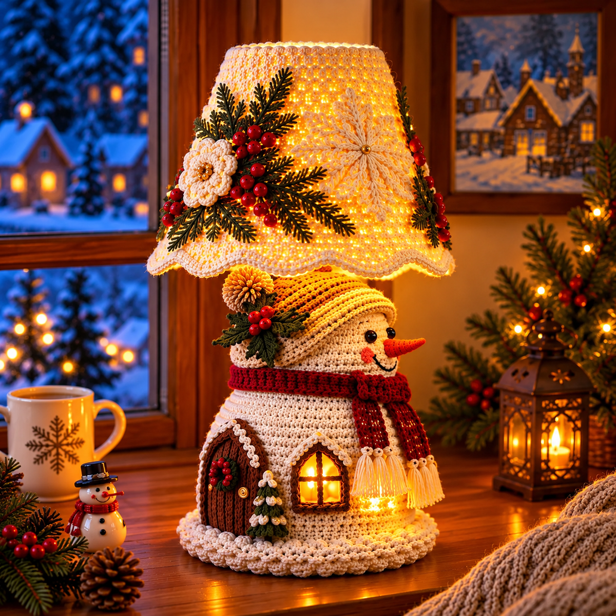 Snowman Crochet Lamp Pattern PDF | Christmas Cottage Light Decor