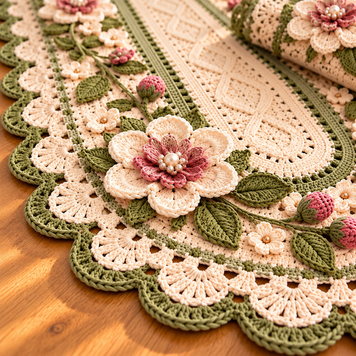 Rose Table Runner Crochet Pattern PDF | 3-Piece Floral Table Decor Set