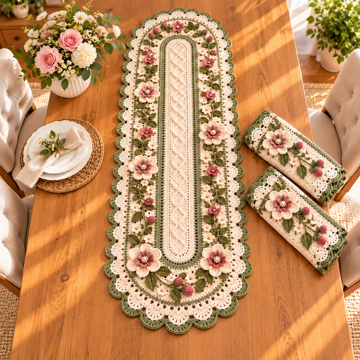 Rose Table Runner Crochet Pattern PDF | 3-Piece Floral Table Decor Set