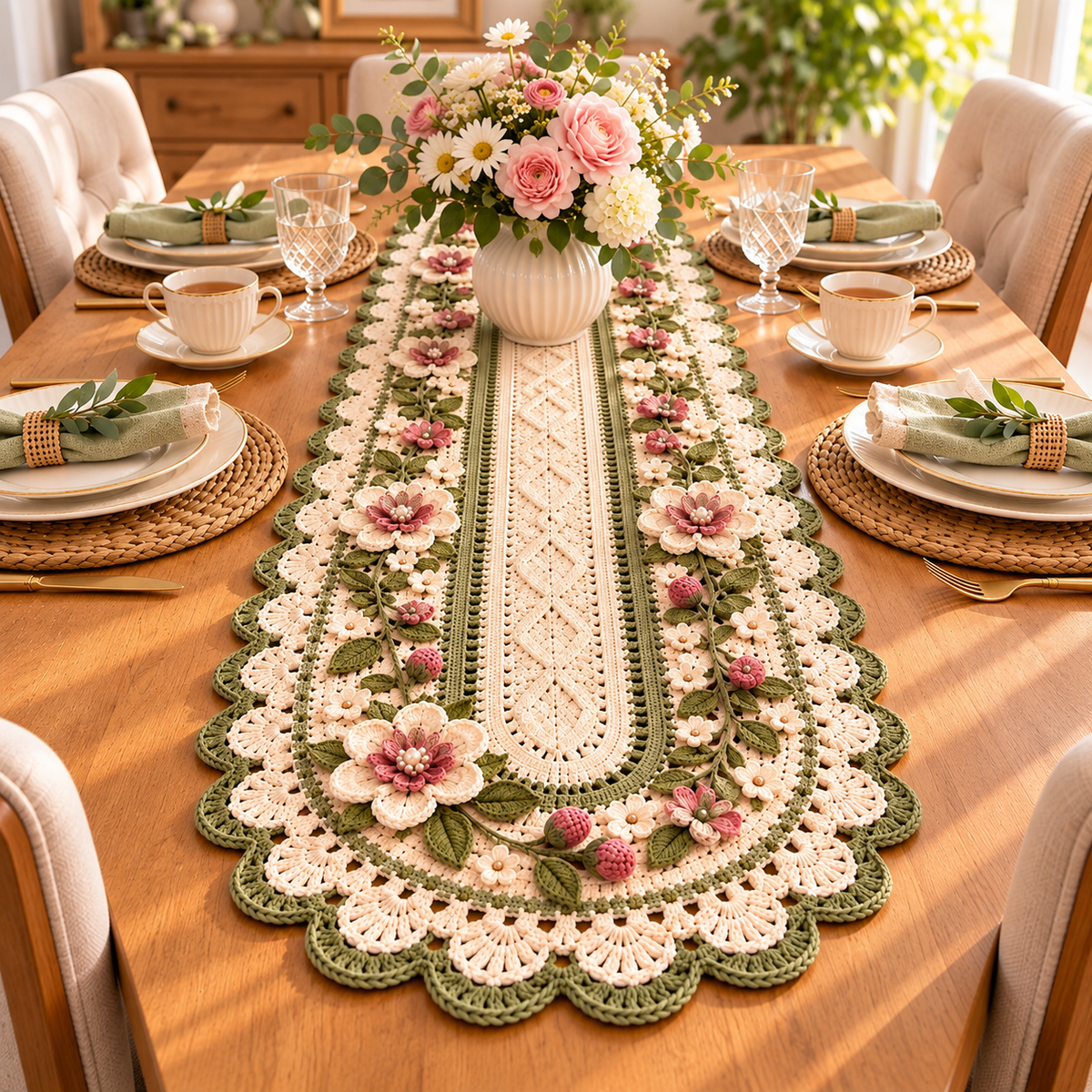 Rose Table Runner Crochet Pattern PDF | 3-Piece Floral Table Decor Set