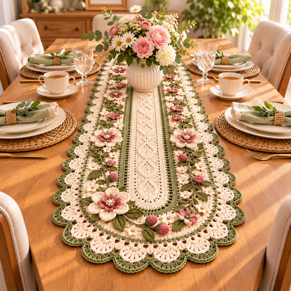 Rose Table Runner Crochet Pattern PDF | 3-Piece Floral Table Decor Set