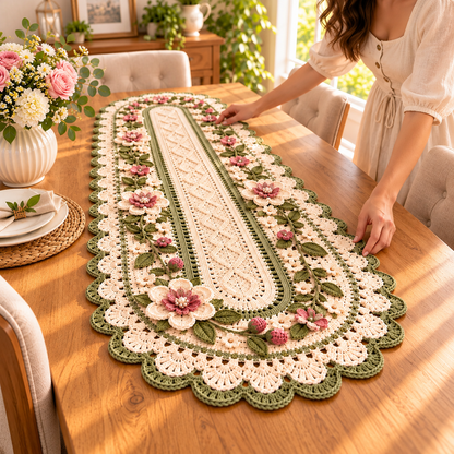 Rose Table Runner Crochet Pattern PDF | 3-Piece Floral Table Decor Set