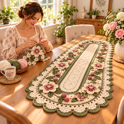 Rose Table Runner Crochet Pattern PDF | 3-Piece Floral Table Decor Set