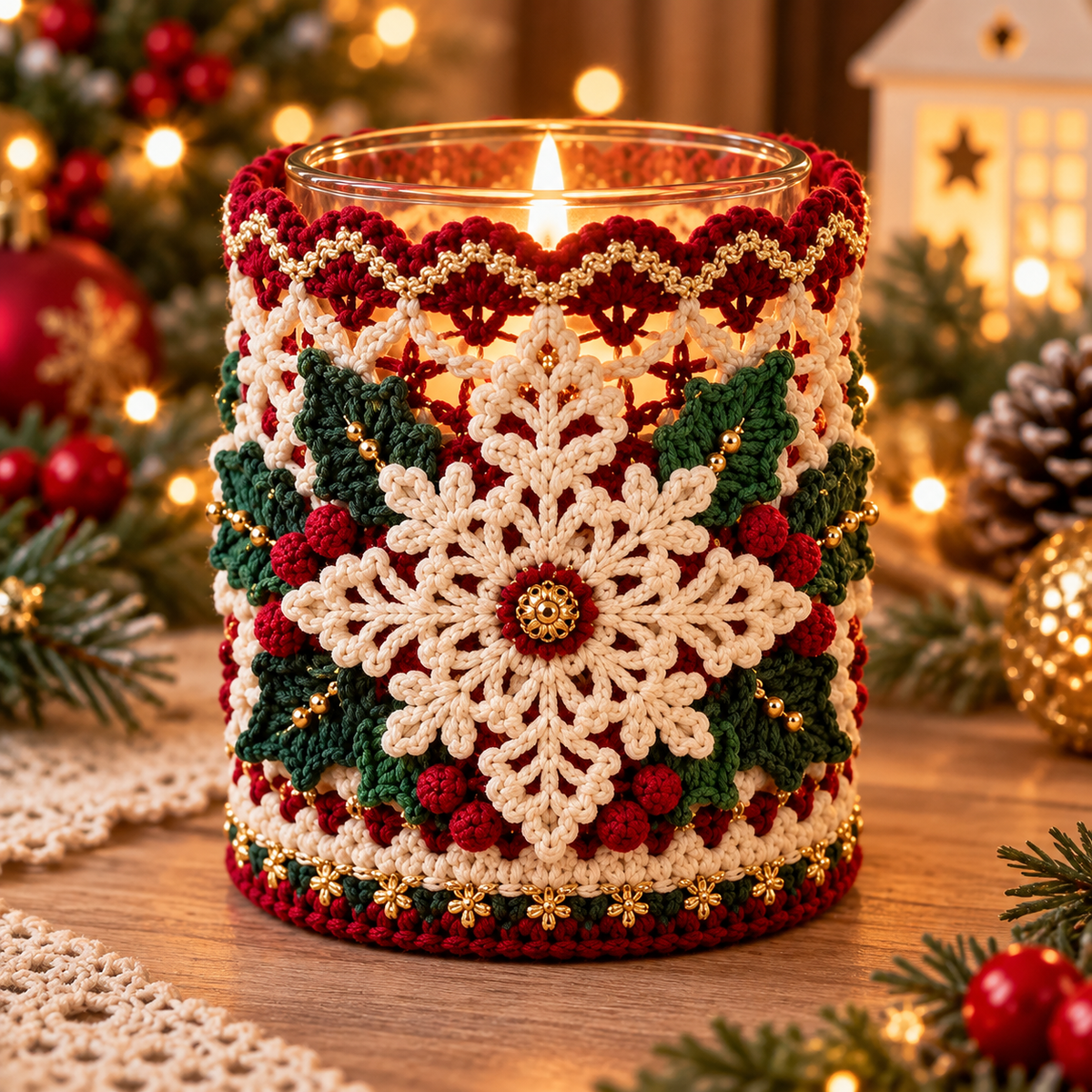 Christmas Snowflake Candle Holder Crochet Pattern PDF | Holiday Jar Sleeve