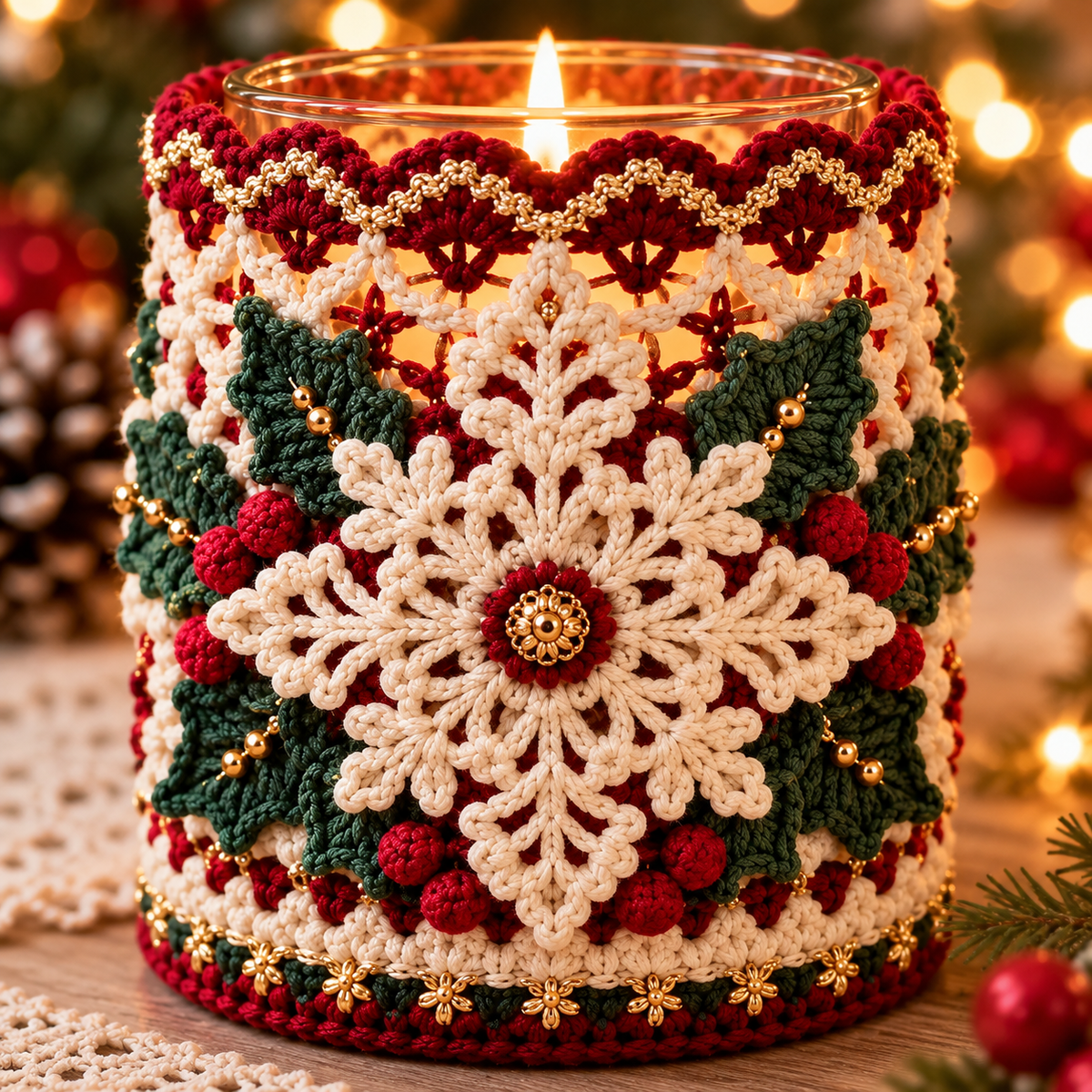 Christmas Snowflake Candle Holder Crochet Pattern PDF | Holiday Jar Sleeve