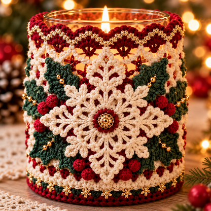 Christmas Snowflake Candle Holder Crochet Pattern PDF | Holiday Jar Sleeve