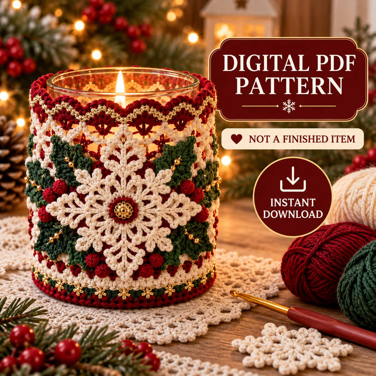 Christmas Snowflake Candle Holder Crochet Pattern PDF | Holiday Jar Sleeve