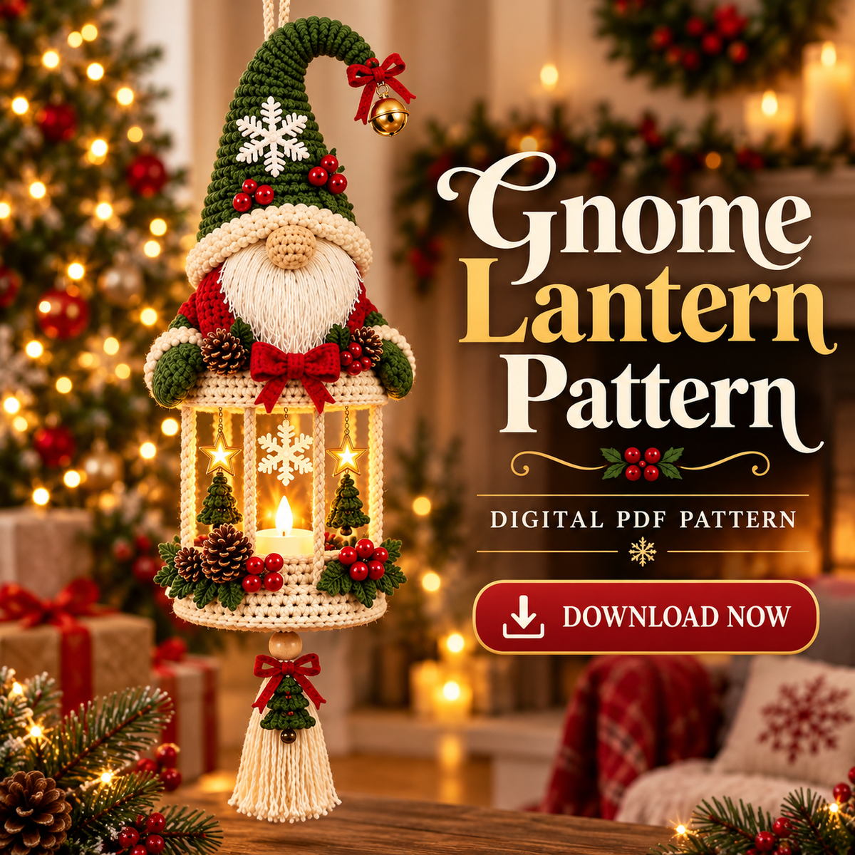 Christmas Gnome Lantern Crochet Pattern PDF | Hanging Holiday Decor