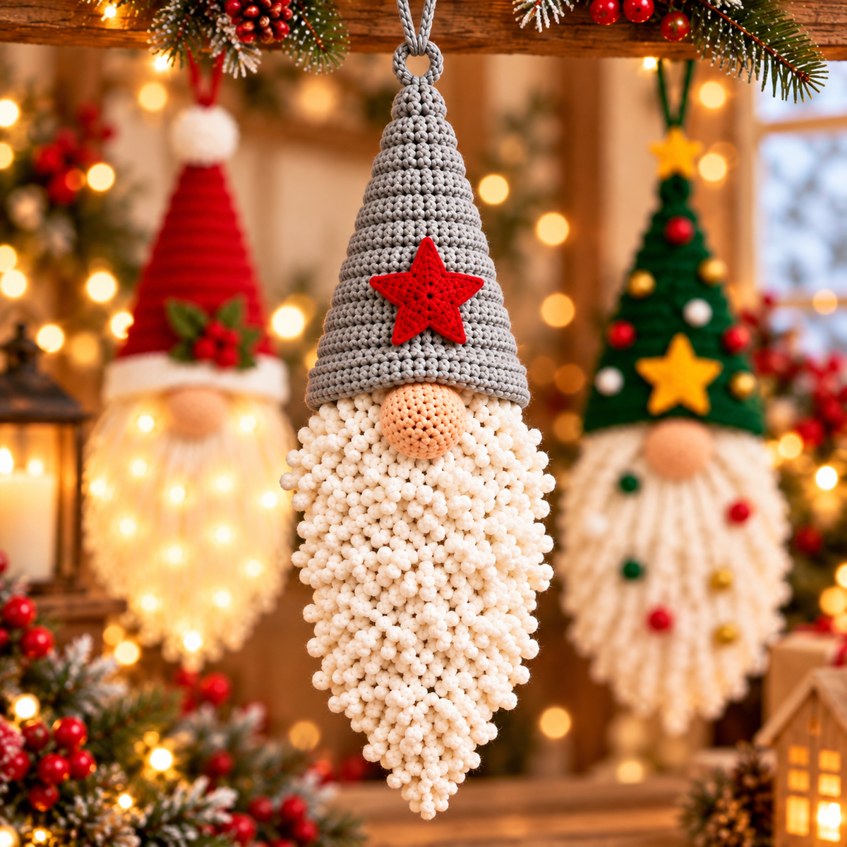Nordic Christmas Gnome Crochet Pattern PDF | 3 Hanging Ornaments