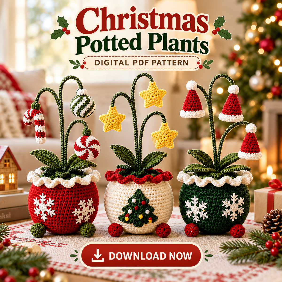 Christmas Potted Plant Crochet Pattern PDF | 3 Festive Amigurumi Designs