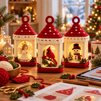 Christmas Crochet Lantern Pattern PDF | Cardinal, Snowman & Angel