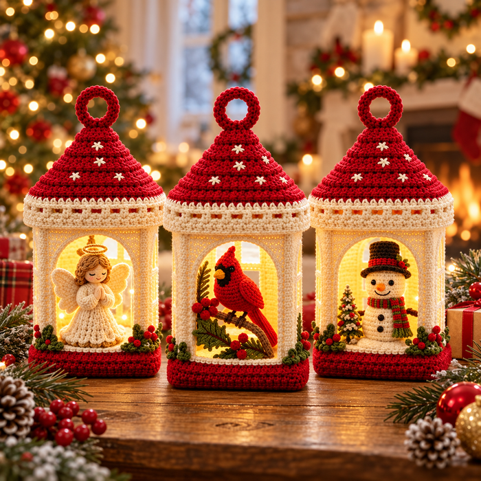 Christmas Crochet Lantern Pattern PDF | Cardinal, Snowman & Angel