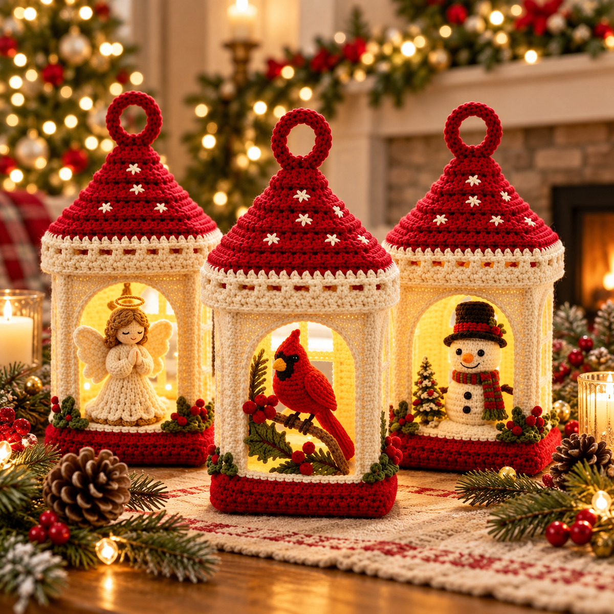 Christmas Crochet Lantern Pattern PDF | Cardinal, Snowman & Angel