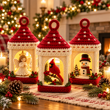 Christmas Crochet Lantern Pattern PDF | Cardinal, Snowman & Angel