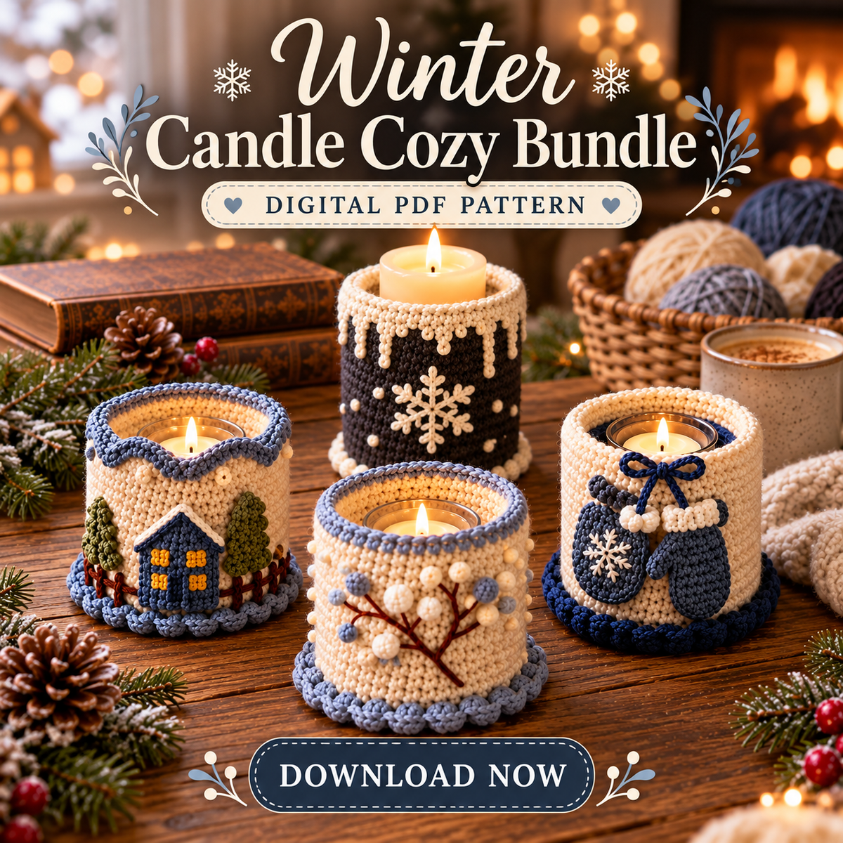 Winter Candle Cozy Crochet Pattern Bundle PDF | 4 Jar Sleeve Designs