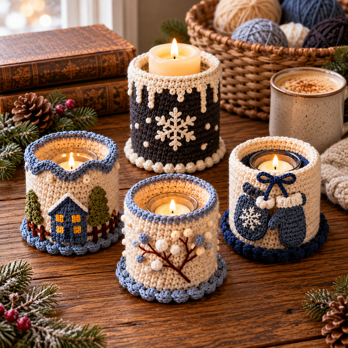 Winter Candle Cozy Crochet Pattern Bundle PDF | 4 Jar Sleeve Designs