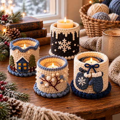 Winter Candle Cozy Crochet Pattern Bundle PDF | 4 Jar Sleeve Designs