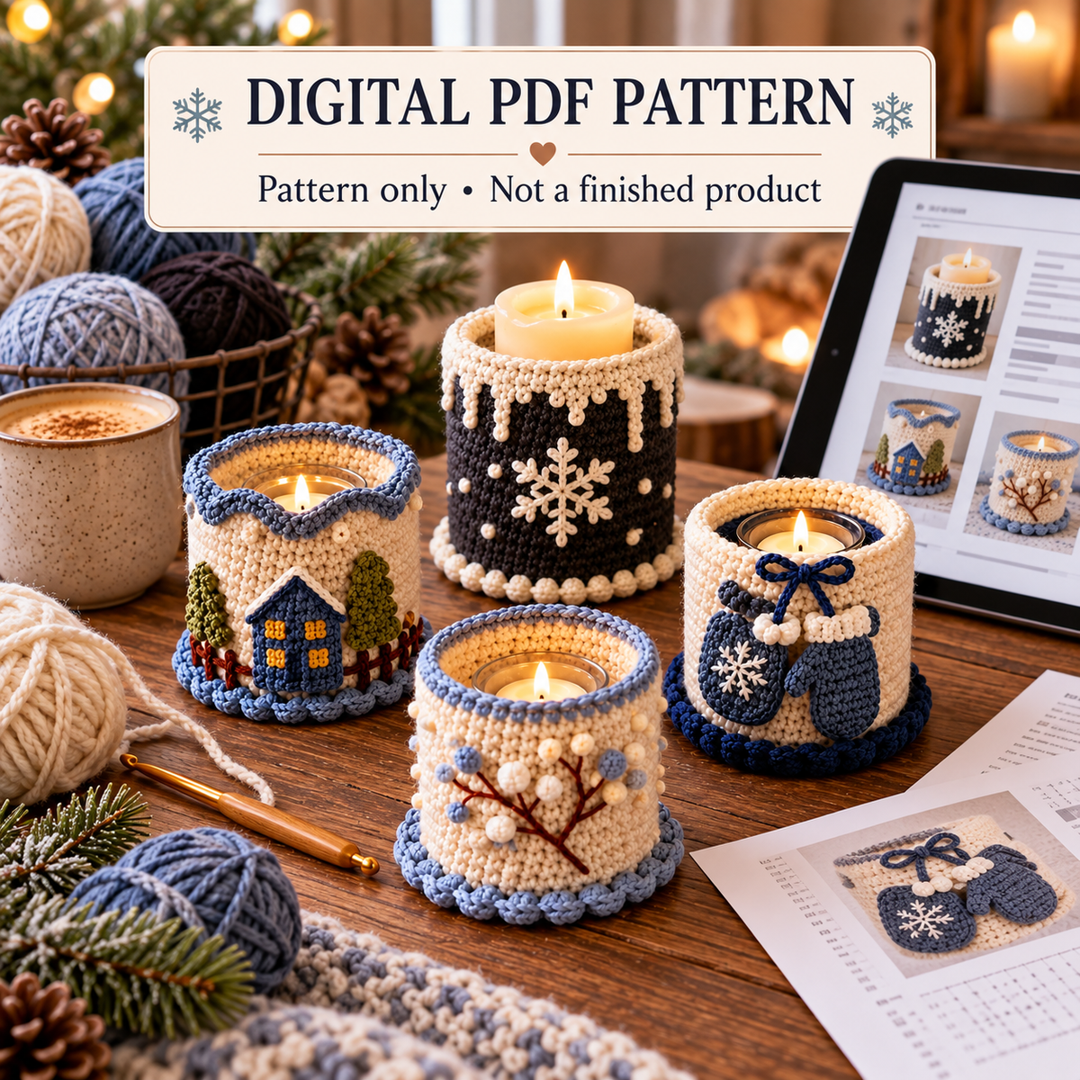 Winter Candle Cozy Crochet Pattern Bundle PDF | 4 Jar Sleeve Designs