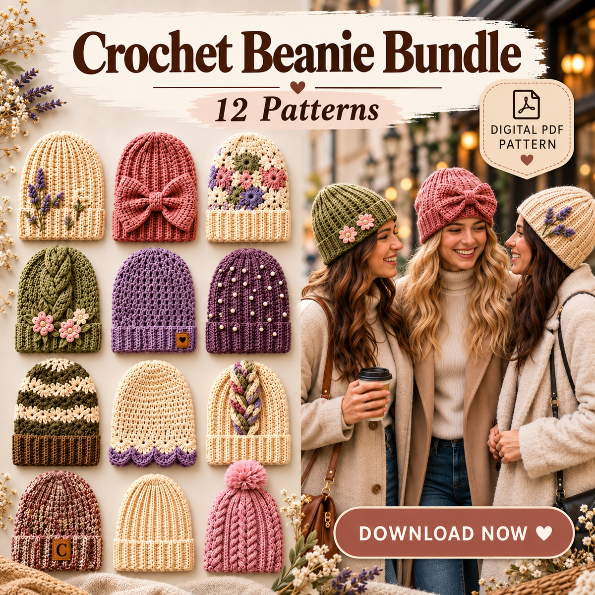 12 Crochet Beanie Patterns Bundle PDF | Women's Winter Hat Designs