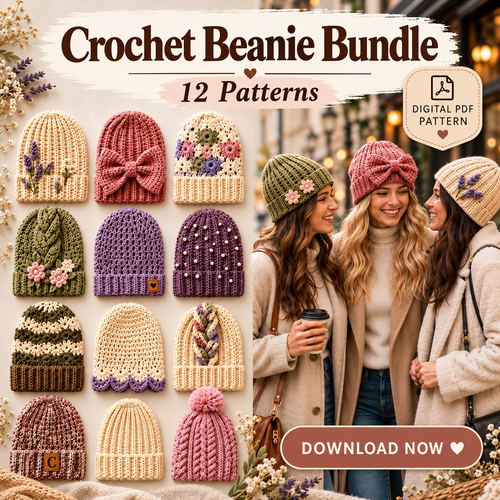 12 Crochet Beanie Patterns Bundle PDF | Women's Winter Hat Designs