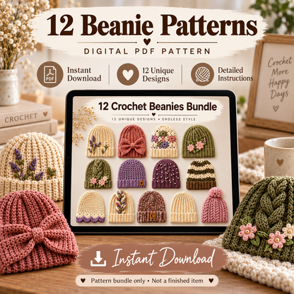 12 Crochet Beanie Patterns Bundle PDF | Women's Winter Hat Designs