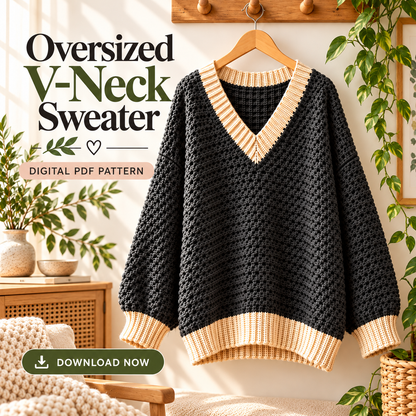Oversized V-Neck Crochet Sweater Pattern PDF | Chunky Pullover XS–5XL