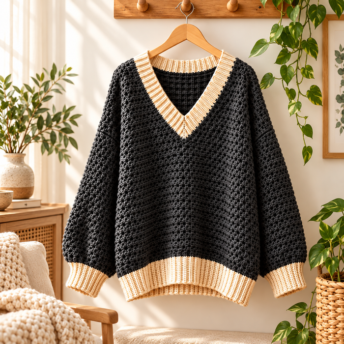Oversized V-Neck Crochet Sweater Pattern PDF | Chunky Pullover XS–5XL
