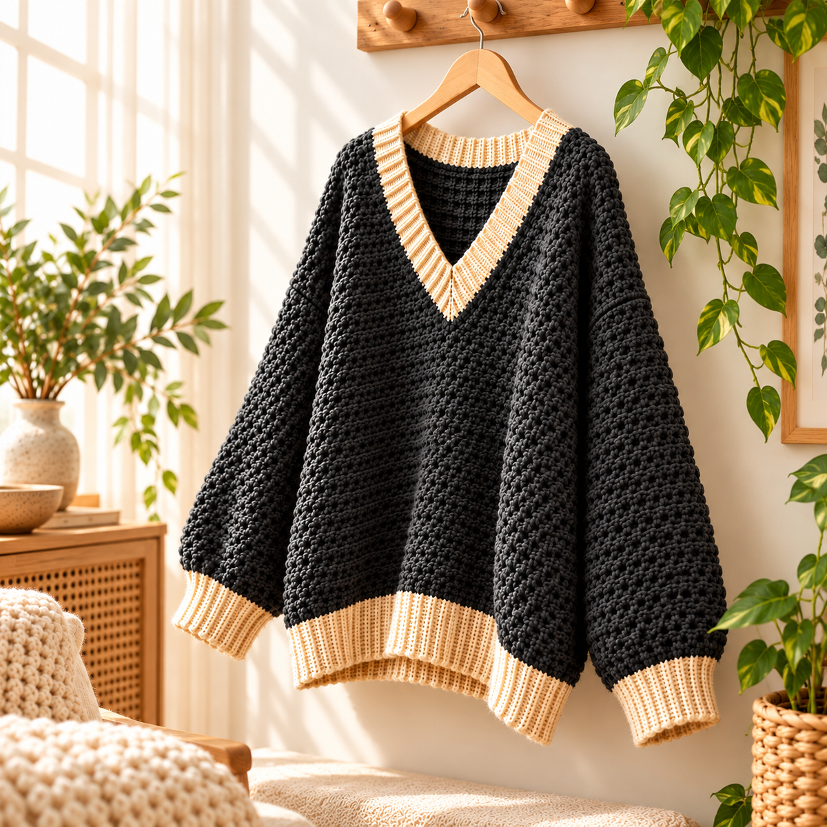 Oversized V-Neck Crochet Sweater Pattern PDF | Chunky Pullover XS–5XL