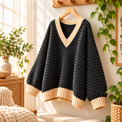 Oversized V-Neck Crochet Sweater Pattern PDF | Chunky Pullover XS–5XL
