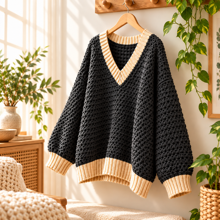 Oversized V-Neck Crochet Sweater Pattern PDF | Chunky Pullover XS–5XL