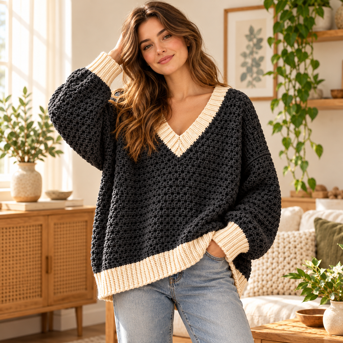 Oversized V-Neck Crochet Sweater Pattern PDF | Chunky Pullover XS–5XL