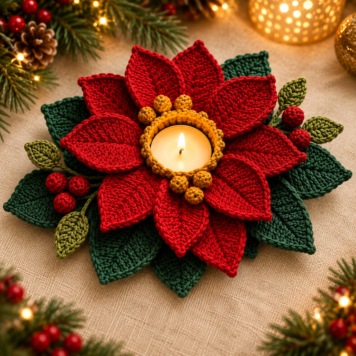 Poinsettia Tealight Holder Crochet Pattern PDF | Christmas Flower Decor