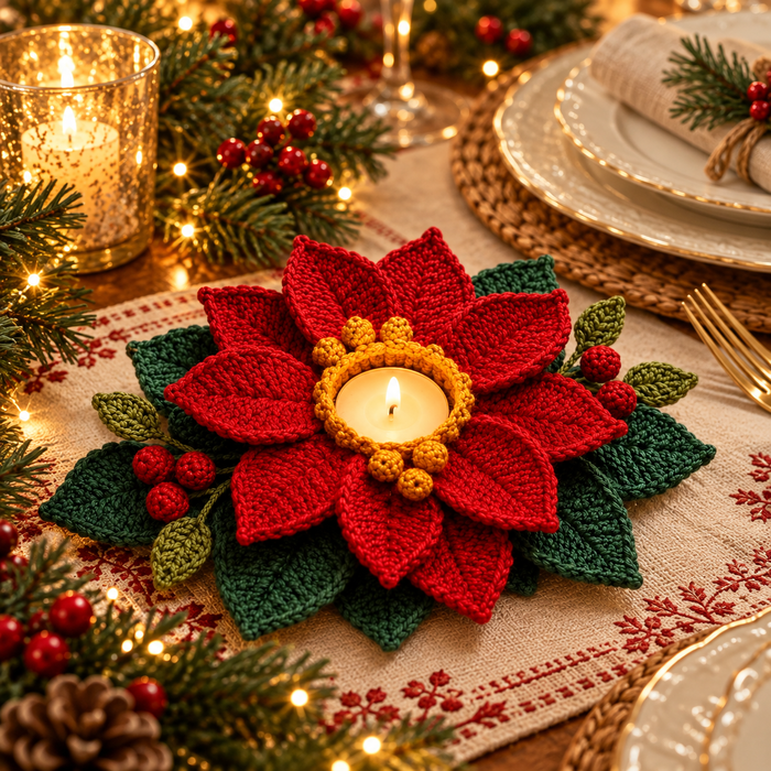 Poinsettia Tealight Holder Crochet Pattern PDF | Christmas Flower Decor