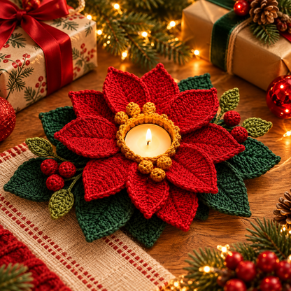 Poinsettia Tealight Holder Crochet Pattern PDF | Christmas Flower Decor