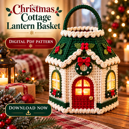 Light Up Christmas Cottage Crochet Pattern PDF | Holiday Lantern Basket