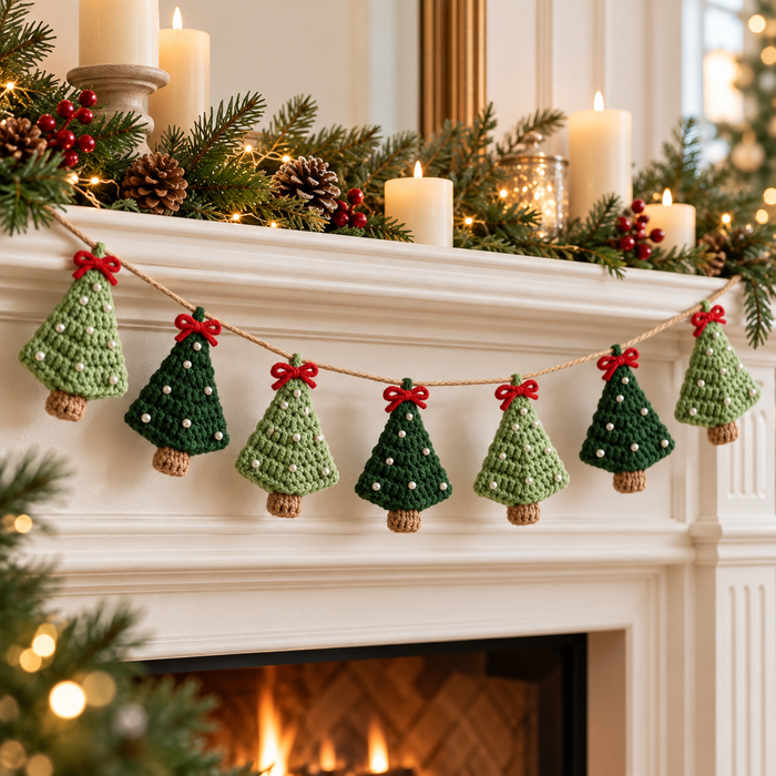 Mini Christmas Tree Garland Crochet Pattern PDF | Holiday Mantel Decor