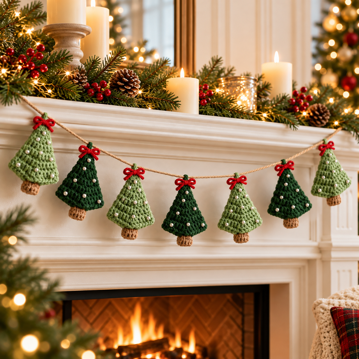 Mini Christmas Tree Garland Crochet Pattern PDF | Holiday Mantel Decor
