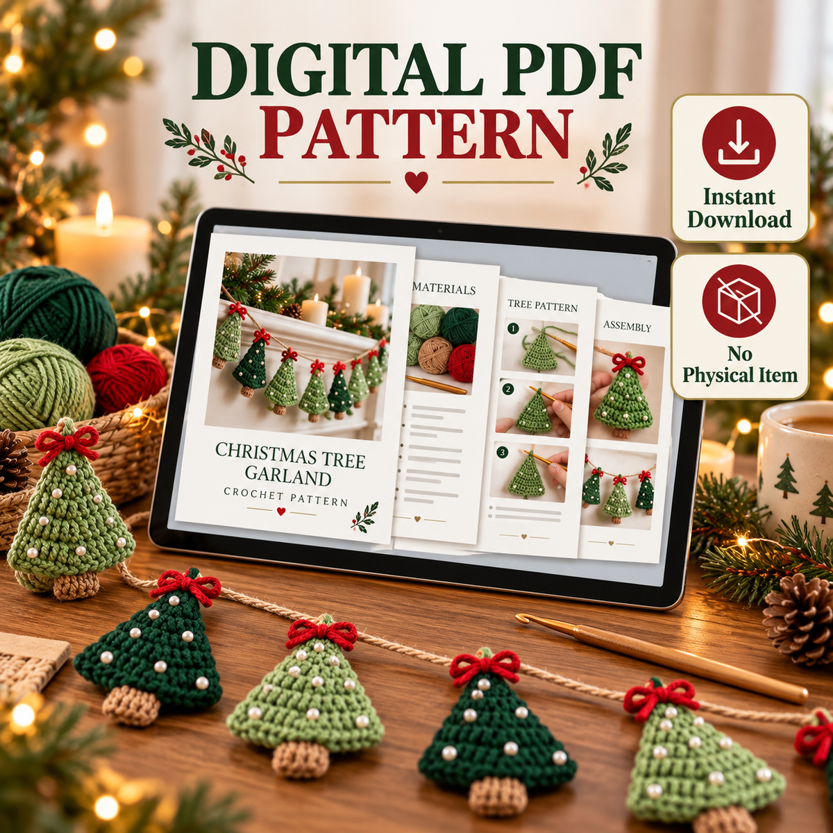 Mini Christmas Tree Garland Crochet Pattern PDF | Holiday Mantel Decor