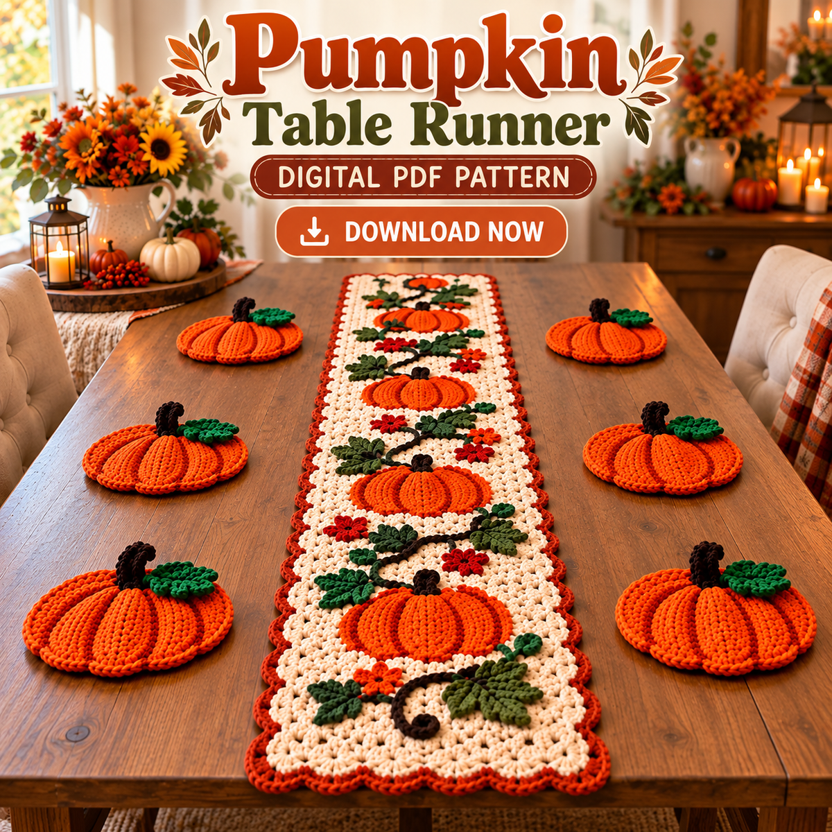 Crochet Pumpkin Table Runner Pattern PDF | Fall & Thanksgiving Decor