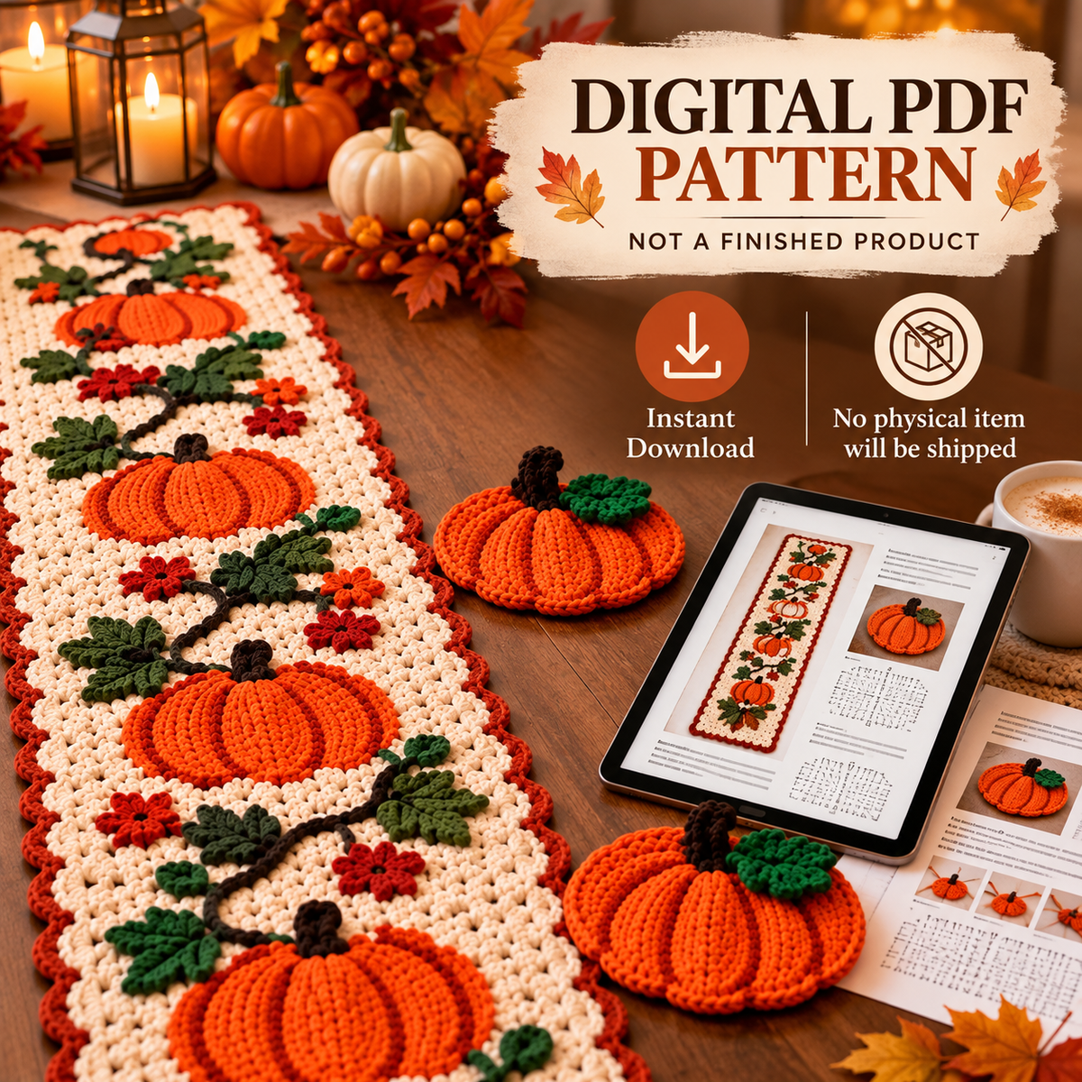 Crochet Pumpkin Table Runner Pattern PDF | Fall & Thanksgiving Decor