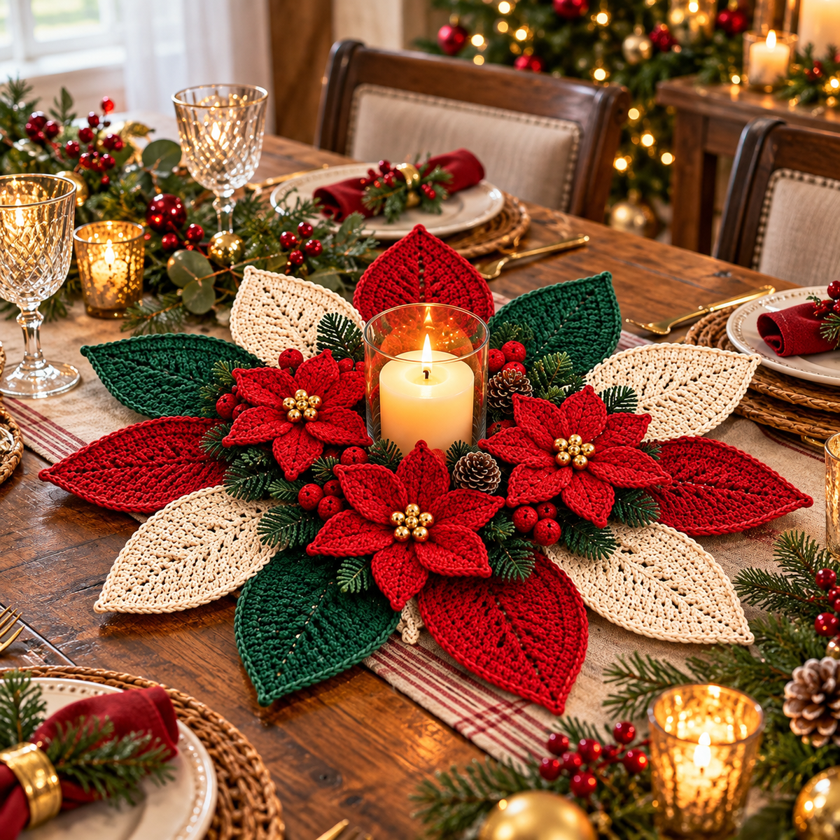Poinsettia Candle Mat Crochet Pattern PDF | Christmas Floral Centerpiece