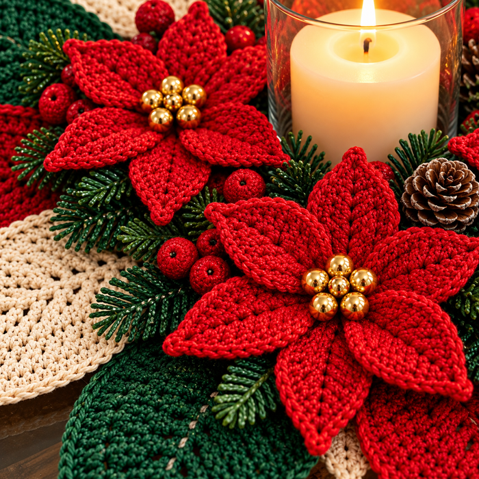 Poinsettia Candle Mat Crochet Pattern PDF | Christmas Floral Centerpiece
