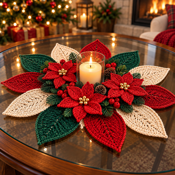 Poinsettia Candle Mat Crochet Pattern PDF | Christmas Floral Centerpiece