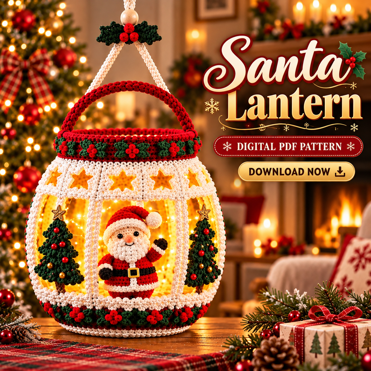 Santa Christmas Lantern Crochet Pattern PDF | Light Up Hanging Decor