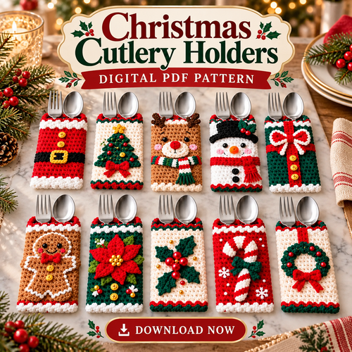 Christmas Cutlery Holder Crochet Pattern Bundle PDF | 10 Holiday Silverware Pockets