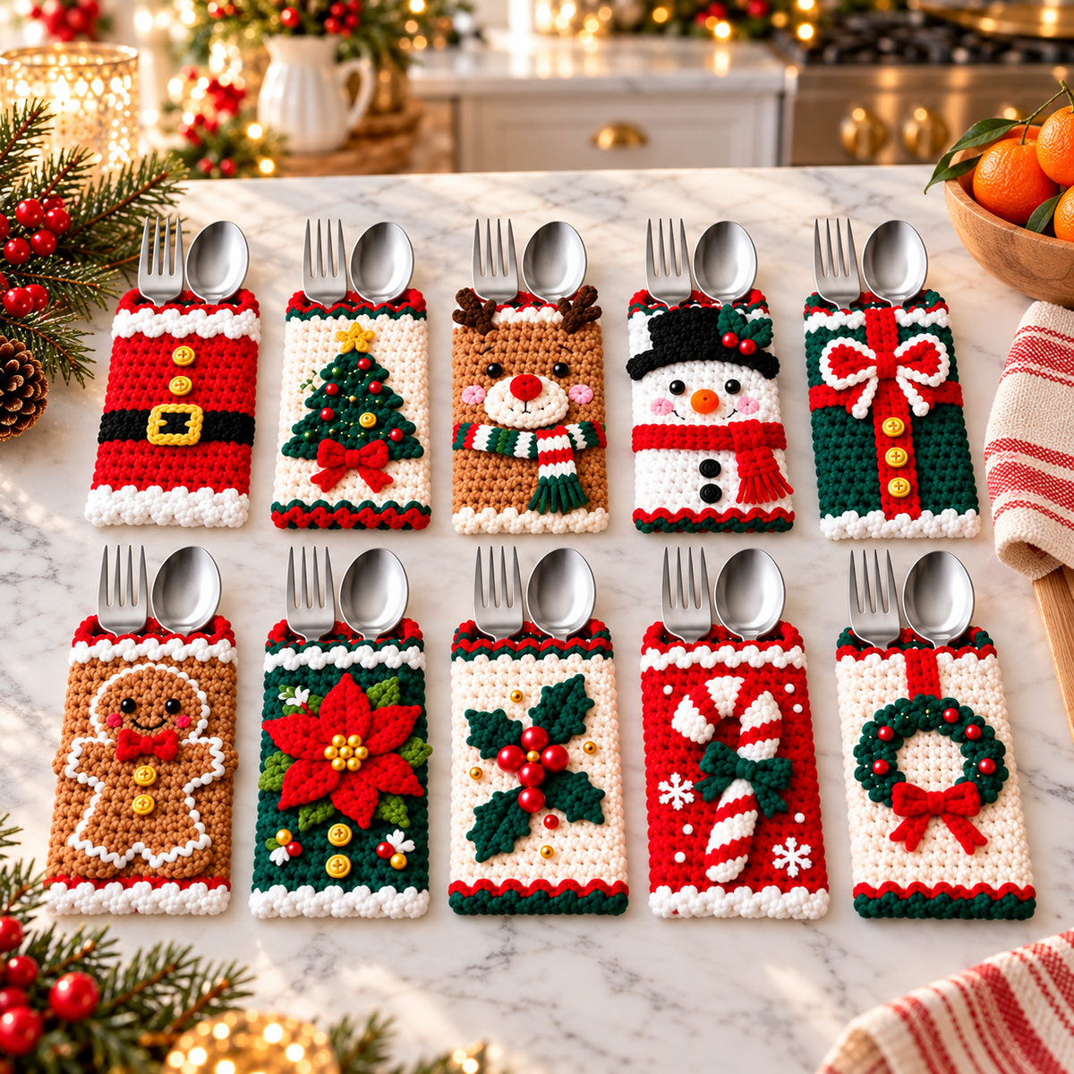 Christmas Cutlery Holder Crochet Pattern Bundle PDF | 10 Holiday Silverware Pockets