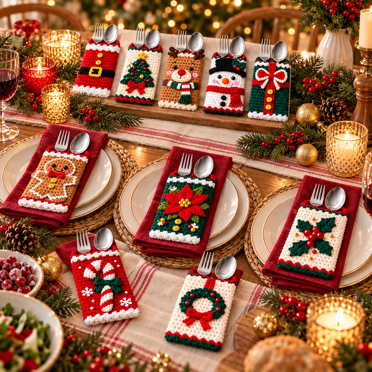 Christmas Cutlery Holder Crochet Pattern Bundle PDF | 10 Holiday Silverware Pockets