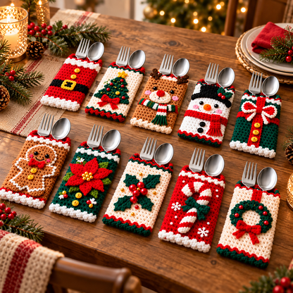 Christmas Cutlery Holder Crochet Pattern Bundle PDF | 10 Holiday Silverware Pockets